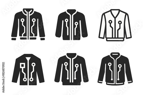Futuristic Wearable Icons. Fashion and Technology (Wearable Tech, Smart Clothing). Icon set. Set Logo of futuristic wearables: jacket with embedded circuit