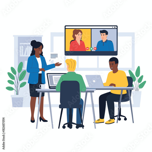 Diverse Team Collaborating in a Modern Office During a Video Conference Meeting Together