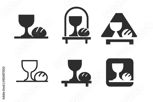 Last Supper Logos. Last Supper. Icon set. Set Logo of Last Supper: chalice and bread on table. harmonious logo variations of the same emblematic concept, each