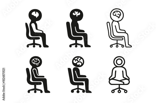 Mental Wellness Logos. Mental wellness at work. Icon set. Set Logo of Mental wellness at work: ergonomic chair posture mark. harmonious logo variations of the