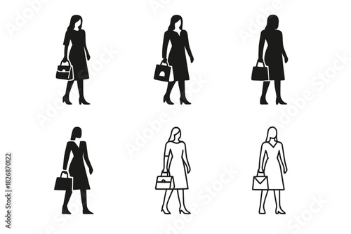 Elegant Icon Set. Fashion & Luxury. Icon set. Set Logo of timeless elegance: standing model with structured handbag. harmonious logo variations of the same