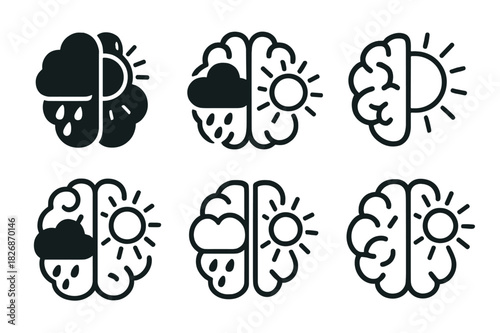 Brain Emotion Icons. The brain's role in anxiety and depression. Icon set. Set Logo of the brain's role in anxiety and depression: brain with storm cloud and