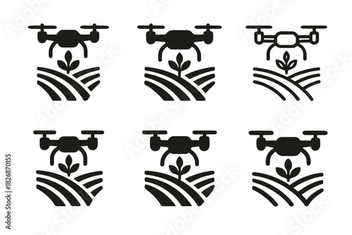 Agricultural Drone Logos. Drones in agriculture for field monitoring. Icon set. Set Logo of drones in agriculture for field monitoring: drone over crops.