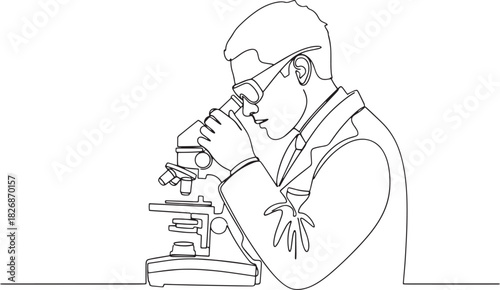 Male scientist line art, examining microscope