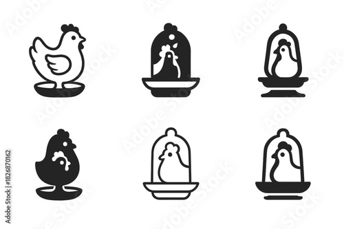 Chicken Coop Emblems. Chicken Coop. Icon set. Set Logo of Chicken Coop: waterer. harmonious logo variations of the same emblematic concept, each with different