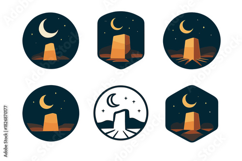 Alien Relic Icons. The Search for Ancient Extraterrestrial Life. Icon set. Set Logo of galactic mystery: glowing relic beneath alien sky. harmonious logo
