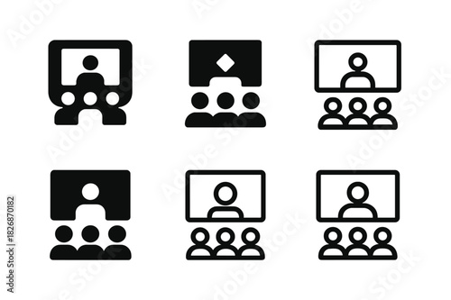 Digital Conference Logos. Digital conferences. Icon set. Set Logo of online events: presentation screen with audience icons. harmonious logo variations of the
