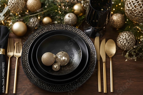 Elegant Holiday Dinner Table Setup With Gold Utensils and Festive Decorations