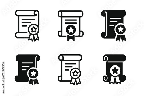 Online Grading Logos. Online grading system. Icon set. Set Logo of Online grading system: certificate scroll ribbon. harmonious logo variations of the same