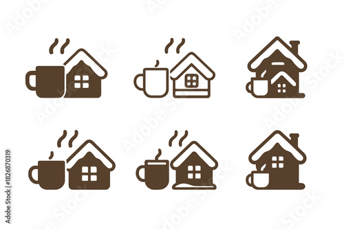 Chalet Celebration Icons. Winter ski lodge or chalet celebration. Icon set. Set Logo of winter ski lodge or chalet celebration: hot drink mug beside snow