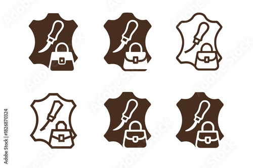 Leathercraft Logo Variations. Leatherworking and creating custom bags. Icon set. Set Logo of leathercraft: artisan cutting tool. harmonious logo variations of