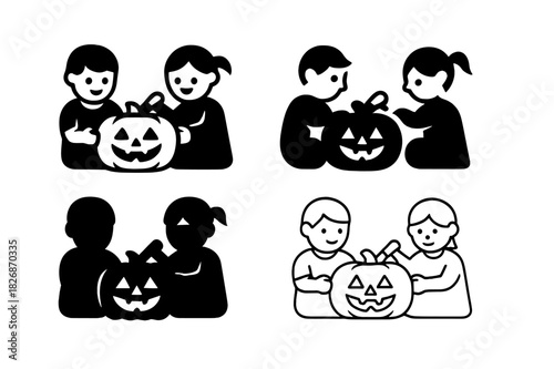 Pumpkin Carving Icons. Children Carving Pumpkins for Halloween. Icon set. Set Logo of Children Carving Pumpkins for Halloween: pumpkin carving saw. harmonious