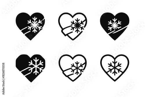 Winter Charity Logos. Winter Holiday Themed Charity Event. Icon set. Set Logo of seasonal goodwill: heart wrapped with ribbon and snow pattern. harmonious logo
