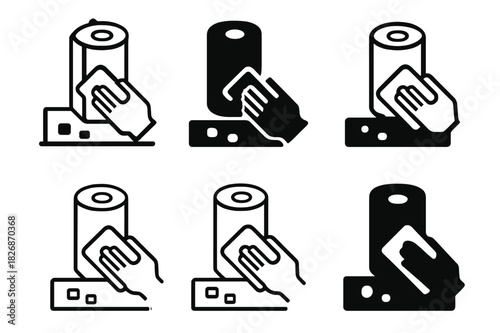 Kitchen Tidying Icons. Tidying up the kitchen counters. Icon set. Set Logo of Tidying up the kitchen counters: paper towel roll. harmonious logo variations of