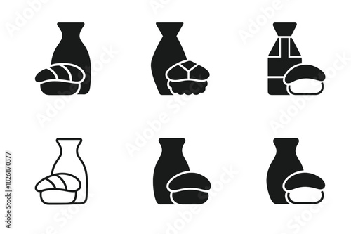 Sake Sushi Logos. Drink pairings. Icon set. Set Logo of Drink pairings: sake carafe with sushi nigiri. harmonious logo variations of the same emblematic