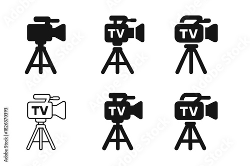 Broadcast Journalism Icons. Broadcast journalism. Icon set. Set Logo of Broadcast journalism: TV news camera on tripod. harmonious logo variations of the same