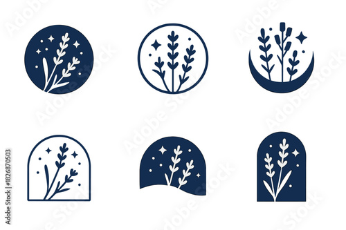 Sleep Wellness Icons. Sleep wellness. Icon set. Set Logo of Sleep wellness: lavender sprig over starry night. harmonious logo variations of the same emblematic