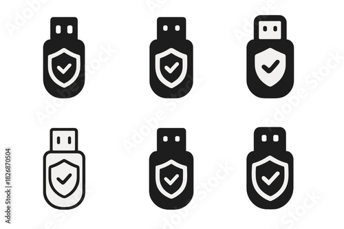 Antivirus Icons Collection. Installing antivirus software. Icon set. Set Logo of Installing antivirus software: USB drive with protective emblem. harmonious