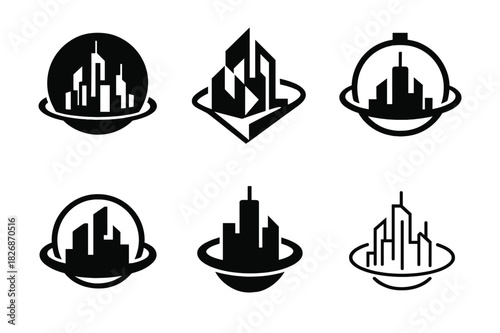 Orbital Colony Icons. Futuristic Urban Landscapes. Icon set. Set Logo of orbital colony: futuristic city in space habitat. harmonious logo variations of the