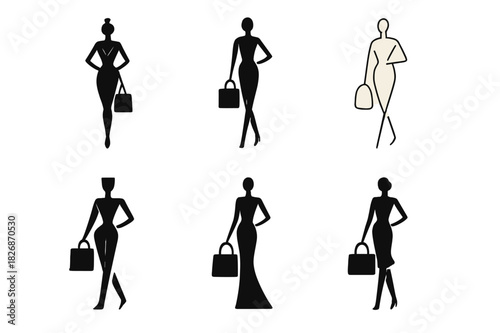 Stylish Logo Variations. Fashion & Luxury. Icon set. Set Logo of runway glamour: fashion model pose with luxury tote. harmonious logo variations of the same