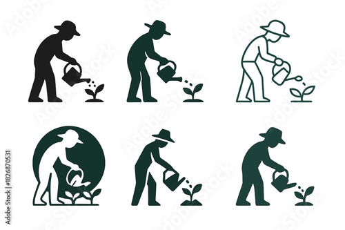 Botanical Logo Variations. Plant nursery. Icon set. Set Logo of botanical growth: gardener watering plants. harmonious logo variations of the same emblematic