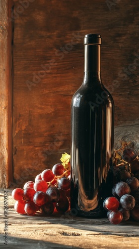 Dark Wine Bottle With Fresh Grapes on Rustic Wooden Table in Warm Lighting Du...