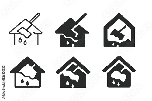 Melting Snow Logos. Melting snow off roof. Icon set. Set Logo of Melting snow off roof: roof rake pulling snow from eaves. harmonious logo variations of the