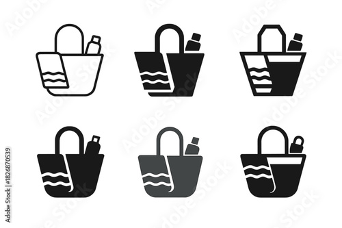 Beach Bag Logos. Packing a beach bag. Icon set. Set Logo of packing a beach bag: open tote bag with towel and sunscreen inside. harmonious logo variations of