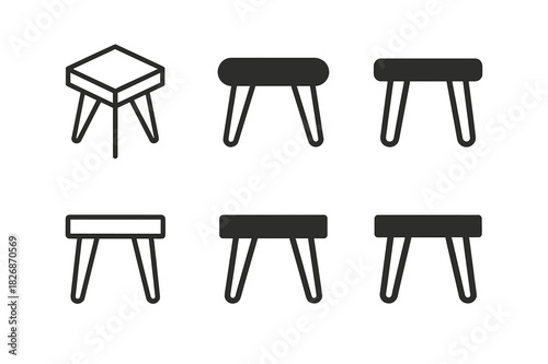 Woodworking Icons Collection. Woodworking projects for home decor. Icon set. Set Logo of Woodworking projects for home decor: coffee table with hairpin legs.