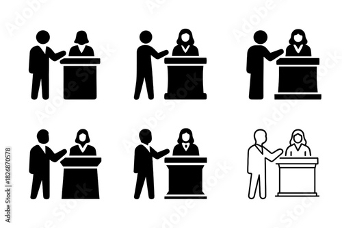 Legal Representation Icons. Representation in civil court cases and legal settlements. Icon set. Set Logo of representation in civil court cases and legal