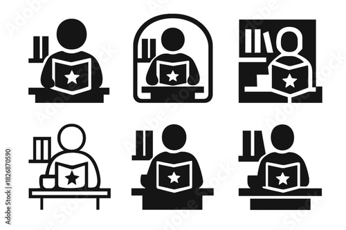 Reading Icon Variations. A person reading a self-help book at a cafe or library. Icon set. Set Logo of A person reading a self-help book at a cafe or library: