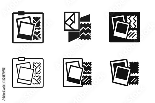 Fashion Emblem Icons. Professional fashion photoshoots and portfolios. Icon set. Set Logo of Professional fashion photoshoots and portfolios: moodboard with