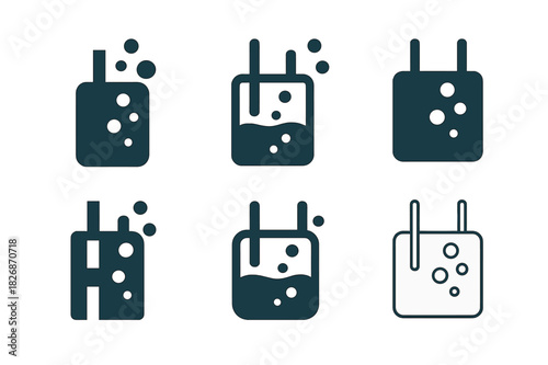 Hydrogen Fuel Logos. Hydrogen fuel technology. Icon set. Set Logo of hydrogen fuel technology: electrolyzer producing hydrogen bubbles. harmonious logo