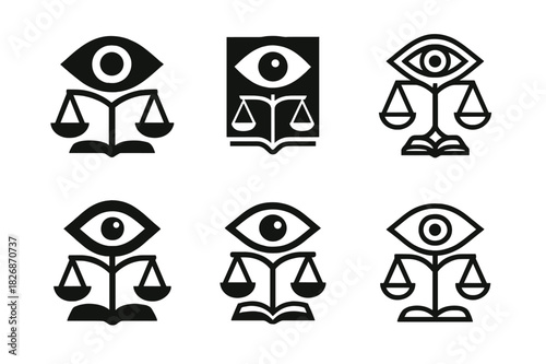 Journalism Ethics Logos. Journalism ethics and bias. Icon set. Set Logo of journalism ethics and bias: eye symbol merged with book and justice scale.