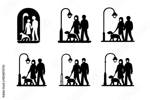 Couple Dog Walk Icons. A couple walking their dog together in the neighborhood. Icon set. Set Logo of A couple walking their dog together in the neighborhood: