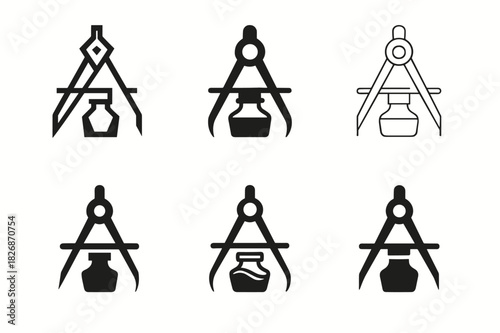 Calligraphy Logo Variations. Letter spacing in calligraphy. Icon set. Set Logo of letter spacing in calligraphy: compass and ink bottle forming elegant spacing