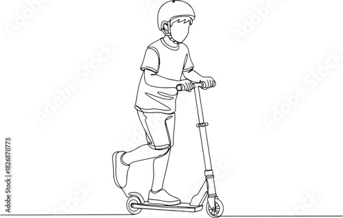 Boy riding kick scooter line art, kid playing outdoors, fun activity.