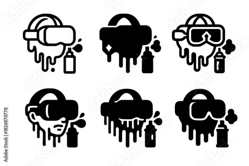 Virtual Art Logos. Virtual graffiti and street art in digital worlds. Icon set. Set Logo of digital expression: VR headset with paint effects. harmonious logo