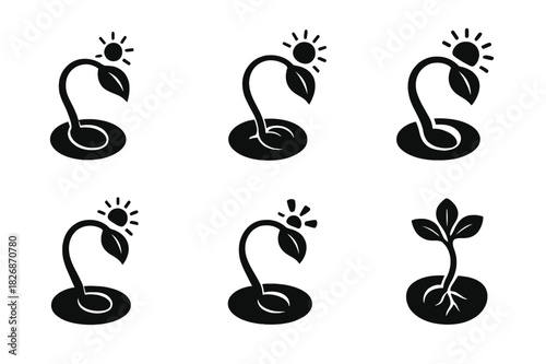 Seed Germination Logos. How seeds germinate. Icon set. Set Logo of How seeds germinate: seedling bending toward light. harmonious logo variations of the same
