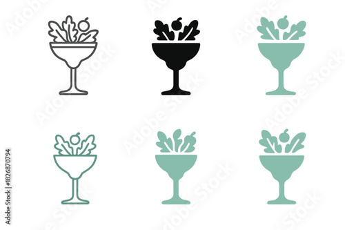Drink Pairing Icons. Drink pairings. Icon set. Set Logo of Drink pairings: mocktail glass with fresh salad. harmonious logo variations of the same emblematic