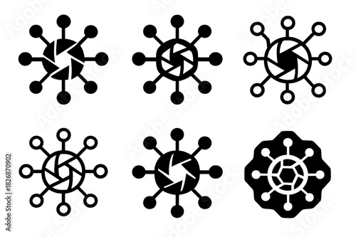 Image Analysis Icons. Image analysis software. Icon set. Set Logo of image analysis software: neural network connected to camera aperture. harmonious logo