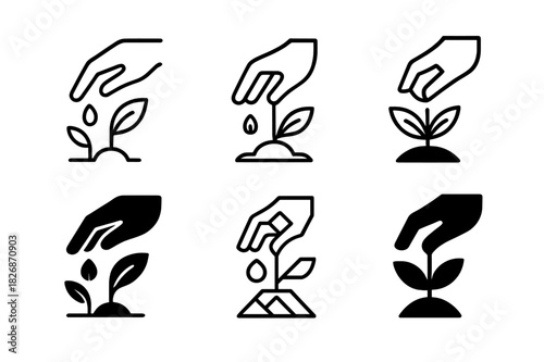 Autumn Garden Logos. Autumn garden care and planting for the season. Icon set. Set Logo of autumn garden care and planting for the season: gardener?s hand