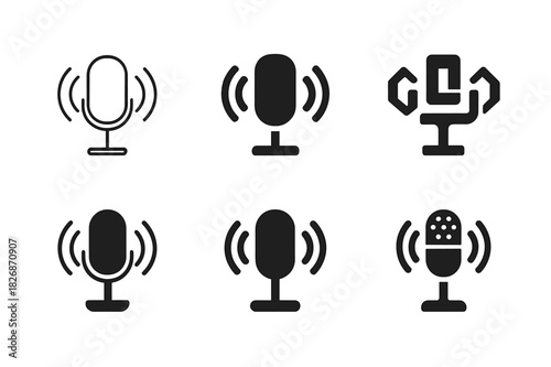 Jazz Logo Variations. Vocal improvisation and scat singing. Icon set. Set Logo of jazz expression: microphone and sound waves. harmonious logo variations of