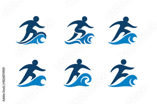 Water Sports Logos. Water sports. Icon set. Set Logo of water sports: abstract wave with human silhouette representing motion and energy. harmonious logo
