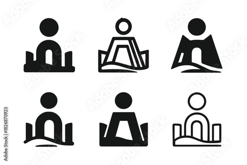 Alien Civilization Icons. The Search for Ancient Extraterrestrial Life. Icon set. Set Logo of alien civilization traces: geometric ruins on desert planet.