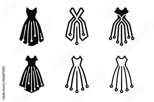 Digital Infusion Fashion. Fashion and Technology (Wearable Tech, Smart Clothing). Icon set. Set Logo of digital couture: abstract dress formed by data streams.