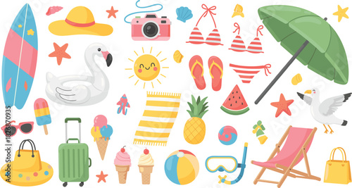 Large Summer Holiday and Beach Vacation Vector Collection Surfboard, Camera, Swimsuit, Hat, Sunglasses, Sun Umbrella, Luggage, and Tropical Fruits Set.