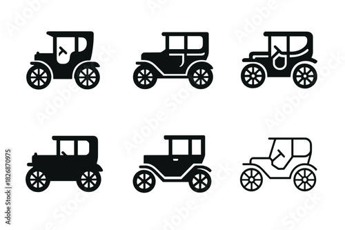 Historical Transport Icons. Historical transportation methods (ships, planes, automobiles). Icon set. Set Logo of historical transport: antique automobile.