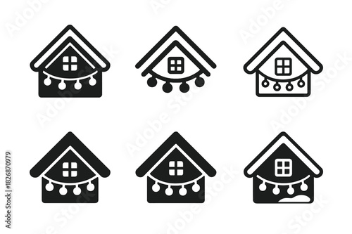 Ski Lodge Icons. Winter ski lodge or chalet celebration. Icon set. Set Logo of winter ski lodge or chalet celebration: chalet roof with festive lights.