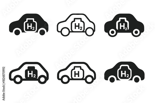 Hydrogen Fuel Logos. Hydrogen fuel technology. Icon set. Set Logo of hydrogen fuel technology: car with hydrogen tank symbol. harmonious logo variations of the